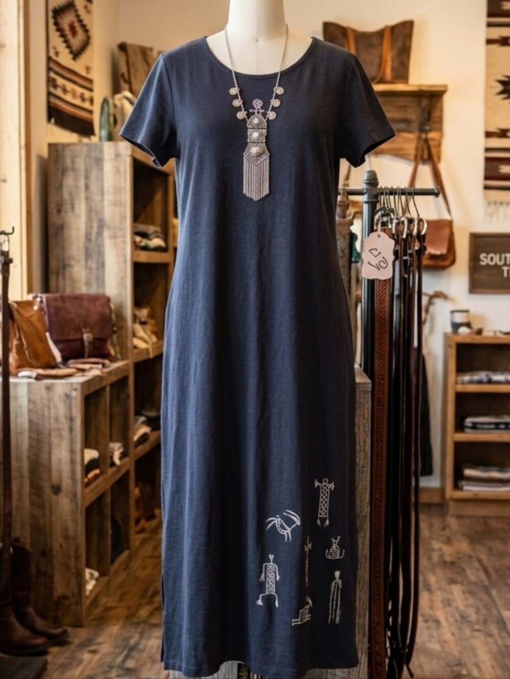 Vintage BFOFO Designs Black  Cave Art Maxi Dress & 6 Boho Necklace Bundle Set XL